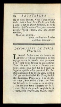 Découverte de L'Isle Frivole.