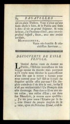 Découverte de L'Isle Frivole.