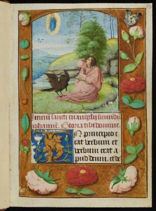 Vollbordürenseite mit Miniatur (Johannes auf Patmos mit Adler), Goldinitiale I und Streumusterbordüre