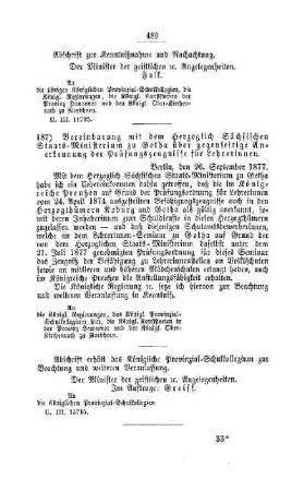 Vereinbarung mit dem Herzoglich Sächsischen Staats-Ministerium zu Gotha über gegenseitige Anerkennung der Prüfungszeugnisse für Lehrerinnen : [IV. Seminare, Bildung der Lehrer und deren persönliche Verhältnisse]