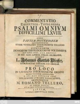 Commentatio Exegetico-Theologica Psalmi Omnivm Difficillimi LXVIII.
