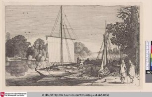 [Mit Torf beladene Boote an einem Flussufer; Boats loaded with Peat by a River Bank]