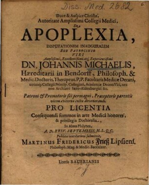 De Apoplexia, Disputationem Inauguralem