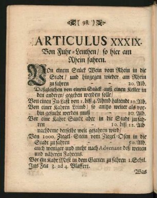 Articulus XXXIX. Von Fuhr-Leuthen, so hier am Rhein fahren.
