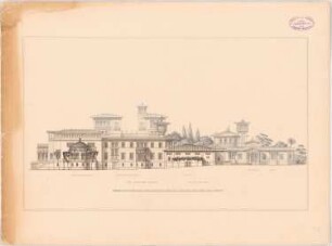 Rekonstruktion der Villa Laurentinum bei Ostia nach der Beschreibung Plinius des Jüngeren: Aufriss der südöstlichen Fassade