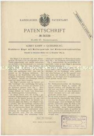 Patentschrift eines drehbaren Bügels mit Muttergewinde bei Niederschraubventilen, Patent-Nr. 36338