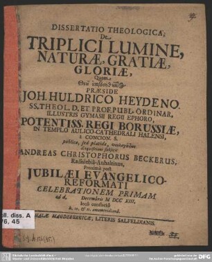 Dissertatio Theologica, De Triplici Lumine, Naturae, Gratiae, Gloriae