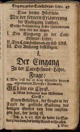 I. Der Eingang zu der Catechismus-Lehre.