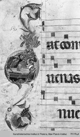 Antiphonar H : Blatt mit Verurteilung, Enthauptung und Beisetzung der heiligen Katharina von Alexandrien