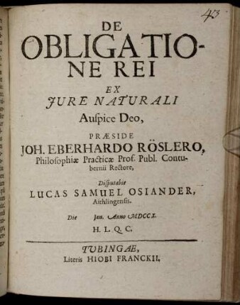 De Obligatione Rei Ex Iure Naturali : Die [] Ian. Anno MDCCX.