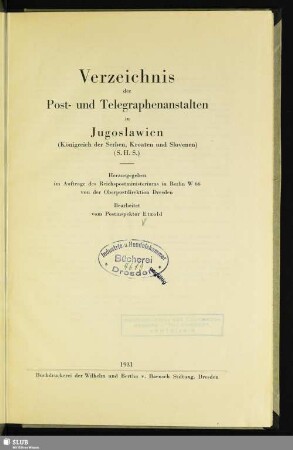 Verzeichnis der Post- und Telegraphenanstalten in Jugoslavien (Königreich der Serben, Kroaten und Slovenen) (S.H.S.)