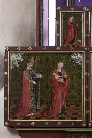 Passionsaltar — Madonna mit fünf Heiligen — Linker Flügel: Madonna, Bischof und Agnes