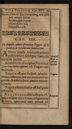 Cap. XXV. De Reipub. administratione Togata [et] I. quidem de Scholarum fundatione.
