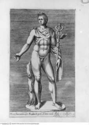 Antiquarum statuarum urbis Romae, quae in publicis privatisque locis visuntur, icones. Romae. Ex typis Laurentii Vaccarii... MDLXXXIIII., Tafel [41]: Mercurij statua marmorea, apud Alexandrum de' grandi, ad radices montis Pintij (nach der Antike)