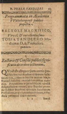 I. Rectoris & Consilii publici significatio de ordine lectionum.