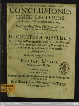 Conclusiones hasce legitimas ex libro I. Institutionum desumptas ... subiicit