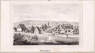 Ortsansicht von Helbigsdorf (Mulda) südlich von Freiberg mit der Kirche, aus Sachsens Kirchen-Galerie von Hermann Schmidt, 1838, Bd. 2