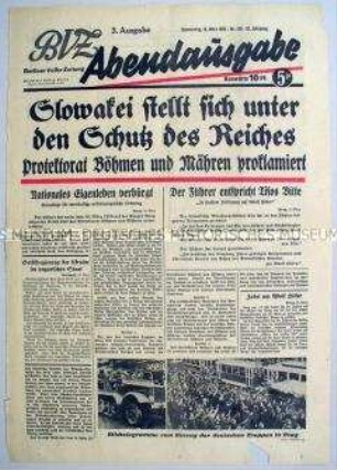 Titelblatt der Abendausgabe der "Berliner Volks-Zeitung" zur Proklamation des Protektorats Böhmen und Mähren