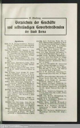 III. Abteilung. Berufsklassen und Gewerbebetriebe : III. Abteilung. Verzeichnis der Geschäfte und selbständigen Gewerbetreibenden der Stadt Borna