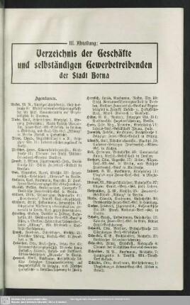 III. Abteilung. Berufsklassen und Gewerbebetriebe : III. Abteilung. Verzeichnis der Geschäfte und selbständigen Gewerbetreibenden der Stadt Borna