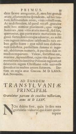 Ad Eundem Transylvaniae Principem. Gratulatur partam de exulibus victoriam, anno MDLXXV.