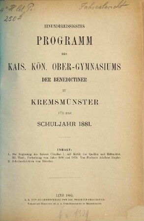 Programm des Obergymnasiums der Benediktiner zu Kremsmünster. 1880/81 = 31