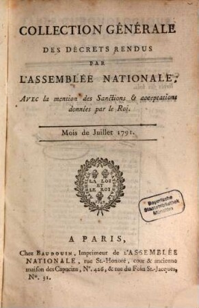 Collection générale des décrets rendus par l'Assemblée Nationale. 1791, Juli
