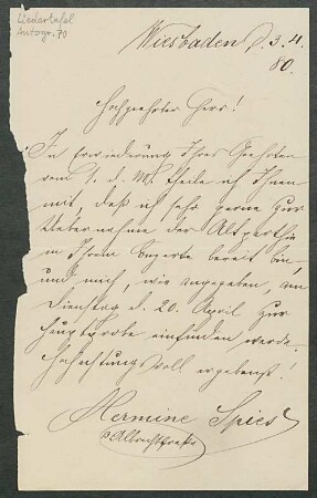 Brief von Hermine Spies an Mainzer Liedertafel