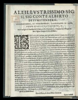Dedikation an Graf Albert von Fürstenberg, Heiligenberg und Werdenberg (1557-1599) von Carlo Ardesi