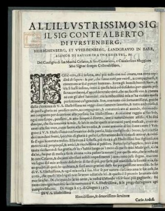 Dedikation an Graf Albert von Fürstenberg, Heiligenberg und Werdenberg (1557-1599) von Carlo Ardesi