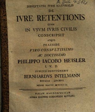 Dissertatio Ivris Natvralis De Ivre Retentionis