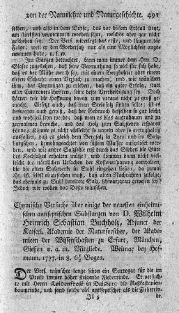 Chymische Versuche über einige der neuesten einheimischen antiseptischen Substanzen.