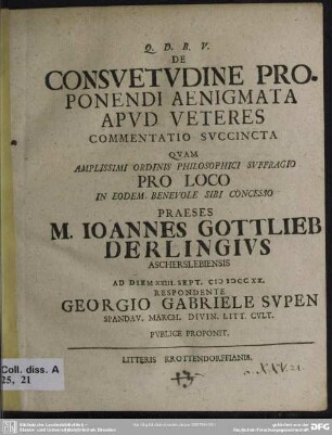 De Consuetudine Proponendi Aenigmata Apud Veteres : Commentatio Succincta