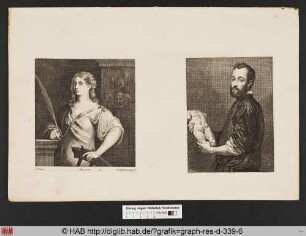 Rechts: Porträt eines Künstlers, der den männlichen Torso einer Statuette in den Händen hält.