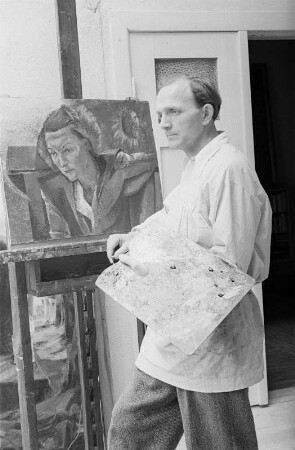 Porträt des Kunstmalers Hermann Bruse bei der Arbeit : Porträt des Kunstmalers Hermann Bruse bei der Arbeit