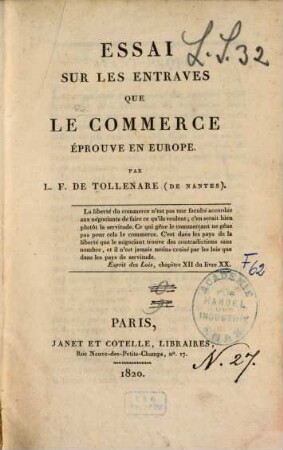 Essai sur les entraves que le commerce éprouve en Europe