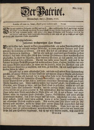 No. 109. Donnerstags, den 31. Jenner, 1726