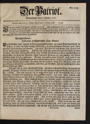 No. 109. Donnerstags, den 31. Jenner, 1726
