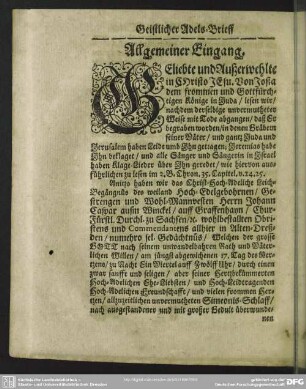 Leichenpredigt : Geistlicher Adelsbrieff. Allgemeiner Eingang. Leichen-Text. Sonderbahrer Eingang. Abhandelung. Gebrauch.