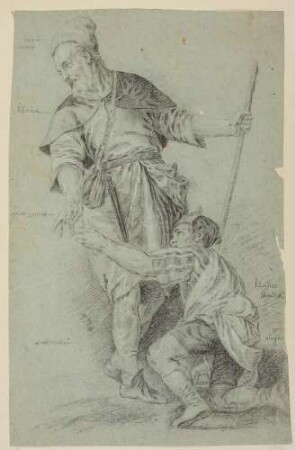 Stehender Mann zurückgewendet und kniend, Knabe