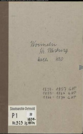 Kirchenbuchduplikat der katholischen Gemeinde Wormeln, Kreis Warburg (GHT 1839-1857, 1859-1864, 1866-1874) (Gemeinde: Katholische Gemeinde Wormeln)