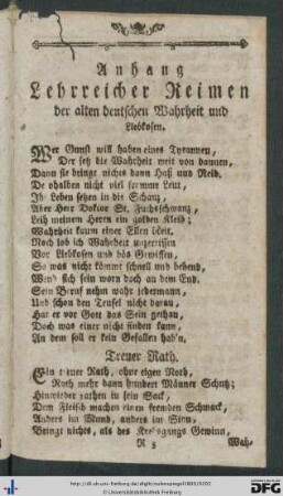 Anhang Lehrreicher Reimen der alten deutschen Wahrheit und Liebkosen.