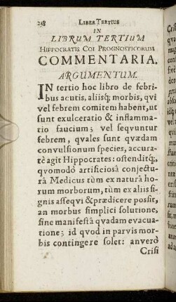 In Librum Tertium Hippocratis Coi Prognosticorum Commentaria.