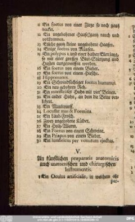 V. An künstlichen praeparatis anatomicis auch anatomischen und chirurgischen Instrumentis.