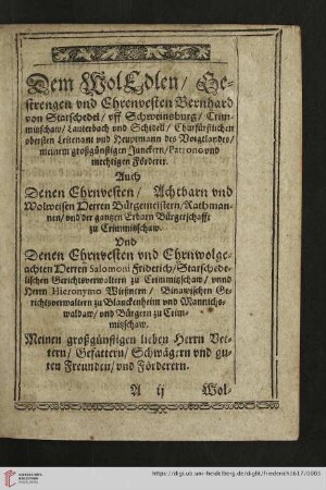Dem WolEdlen / Gestrengen vnd Ehrenvesten Bernhard von Starschedel / vff Schweinsburg /Crimmitzschaw / [...]