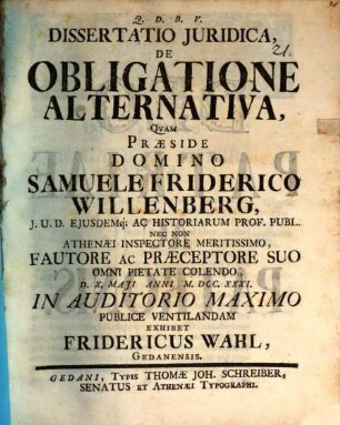 Diss. iur. de obligatione alternativa