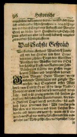 Das Sechste Gespräch Welches von allerhand Wunder-Thieren/ ... handelt.