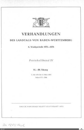 34: Landtag Baden-Württemberg, Protokolle, 1974-1975, Bd. 4
