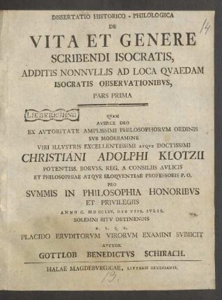 Pars Prima: Dissertatio Historico-Philologica De Vita Et Genere Scribendi Isocratis