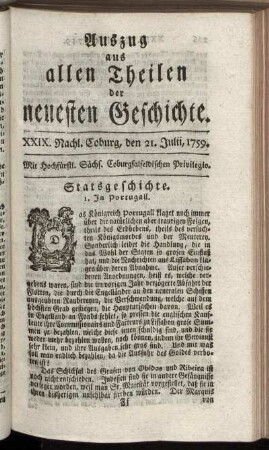 XXIX. Nachl. Coburg, den 21. Julii, 1759.